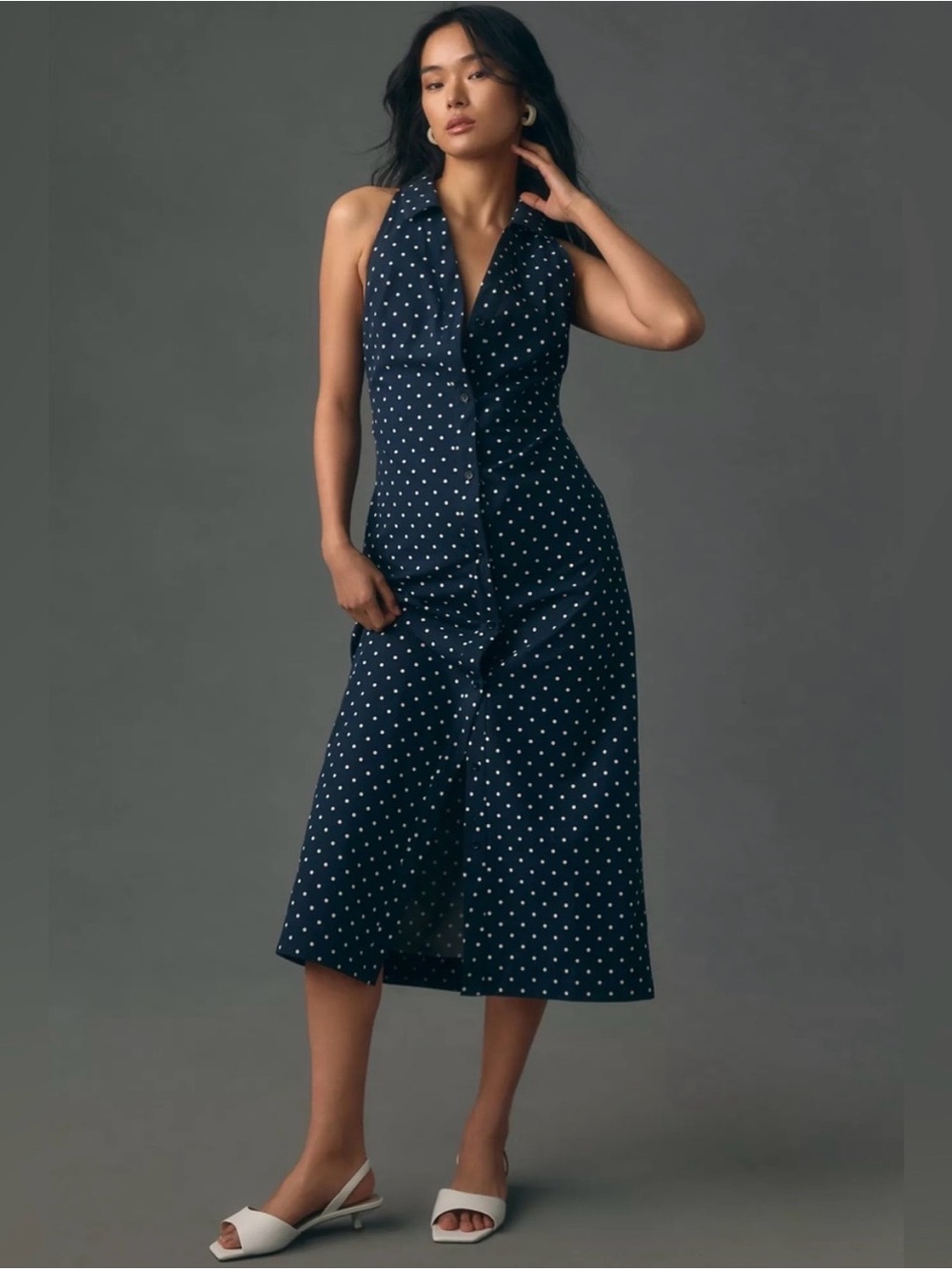 Anthropologie Mauve Polka Dot Navy Halter Midi Dress Size S